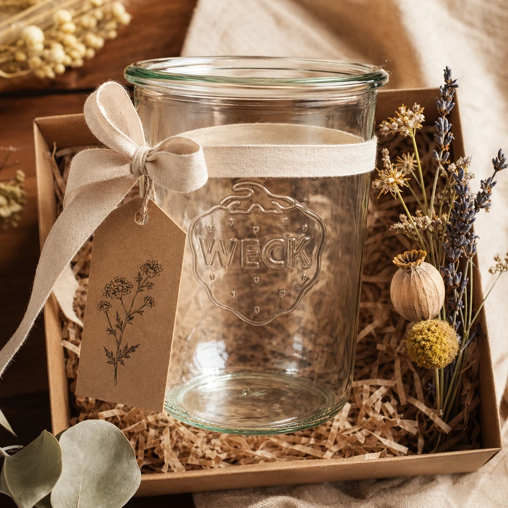 850ml tumble jar WECK RR100 s dřevěným dřevem. 850ml WECK Sturzglas RR100 mit Schleifenband und getrockneten Blumen in Geschenkbox auf Holzhintergrund