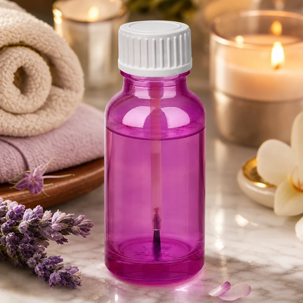 Moderne 20ml Glasflasche mit Pinsel in trendiger lila Farbe für stilbewusste Kosmetikanwendung