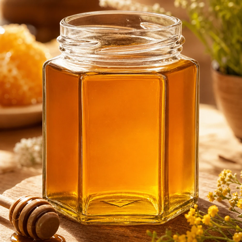 Šestihranná sklenice o objemu 196 ml bez víčka (TO58) UNiTWIST UNiTWIST Hexa196 sechseckiges Honigglas 196ml TO5 mit goldenem Honig gefüllt auf Holztisch mit Honiglöffel