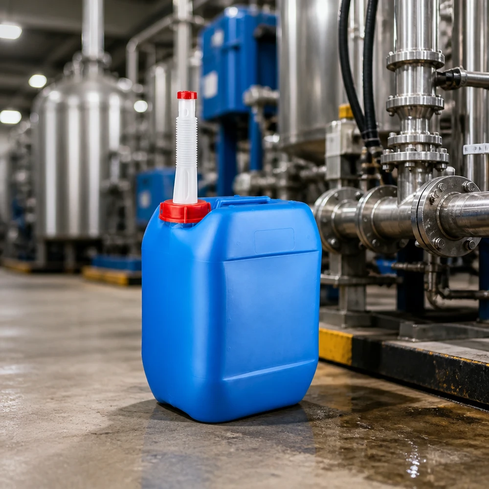Kanystr 10 litrů modrý s výpustným potrubím Flex Stapelbarer Flüssigkeitsbehälter 10 Liter blau mit flexiblem Ausgießer in Industriehalle