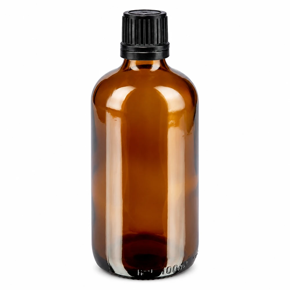 Lékárenská láhev hnědá 100ml kapací uzávěr prémiový 1mm černý tamper-evidentní uzávěr. Tropfflasche 100ml aus UV-schützendem Braunglas mit schwarzem Originalitätsverschluss für ätherische Öle