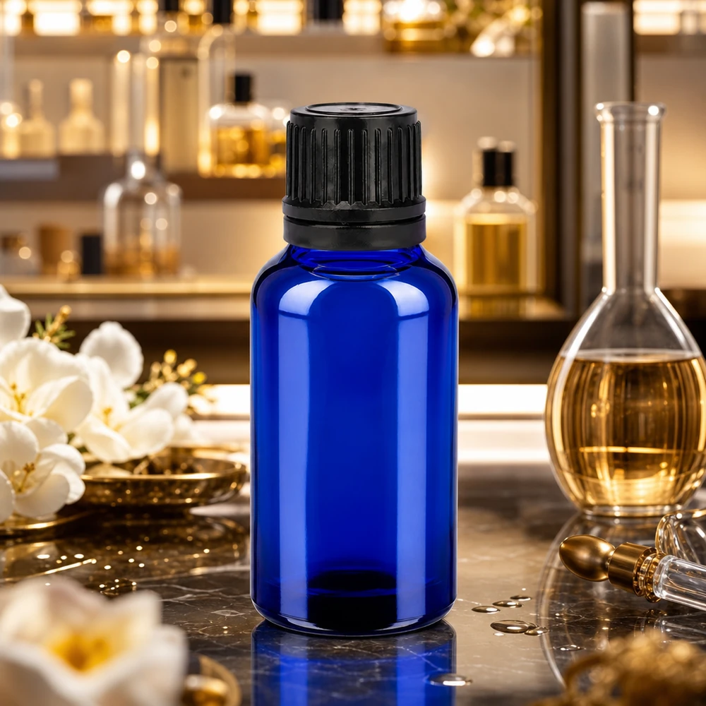 20ml lahvička 11mm šroubovací uzávěr černý s tamperem BlueLine UT18/20 Elegante blaue 20ml Glasflasche mit mattschwarzem Verschluss für hochwertige Naturprodukte