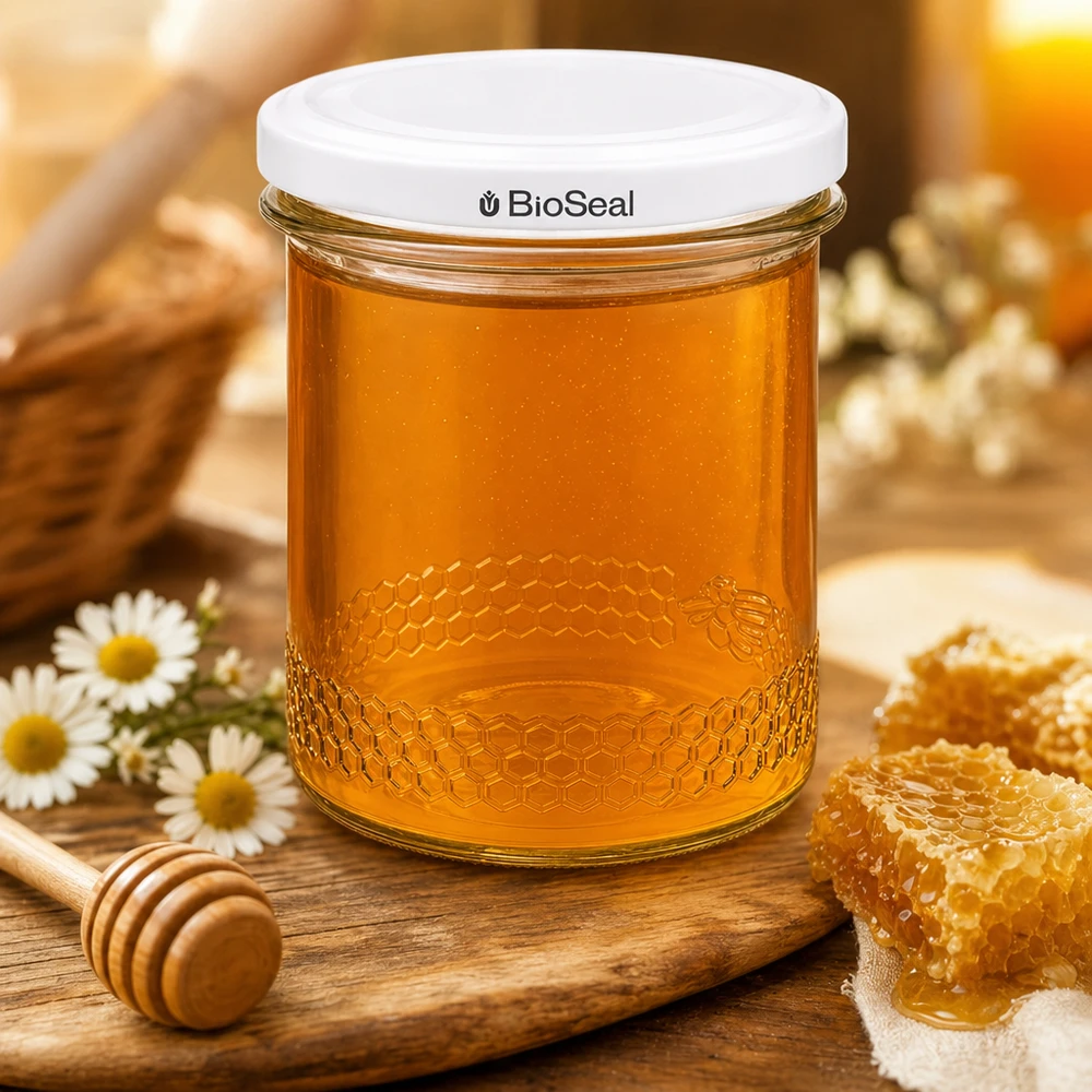 560g Honigglas + BioSeal Deckel weiß UNiTWIST 400ml Honigglas UNiTWIST mit Honig gefüllt neben Bienenwaben und Honigdipper zeigt traditionelle Imkerei Atmosphäre
