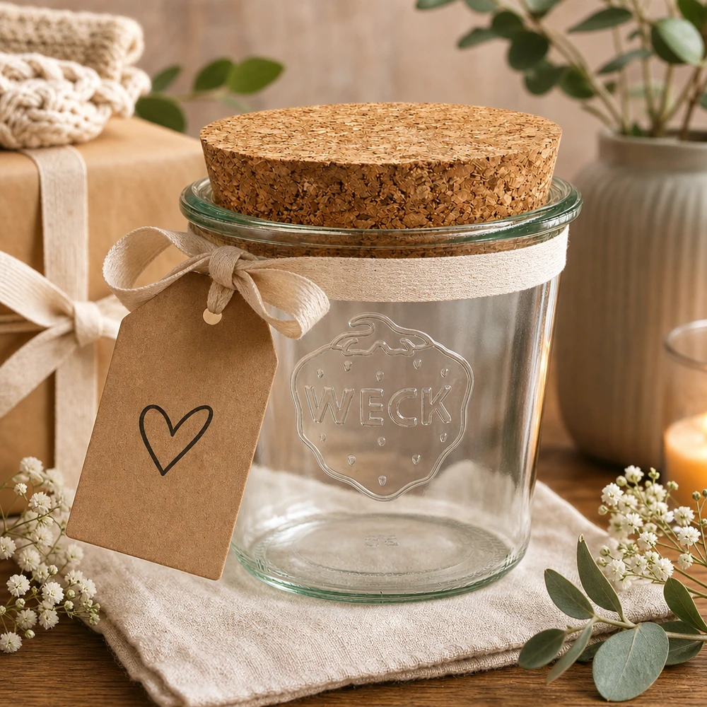Sklenice o objemu 580 ml WECK RR100 s korkovou zátkou přírodní WECK Sturzglas 580ml RR100 als Geschenkidee mit Herzanhänger und Schleife in natürlicher Tischdeko arrangiert