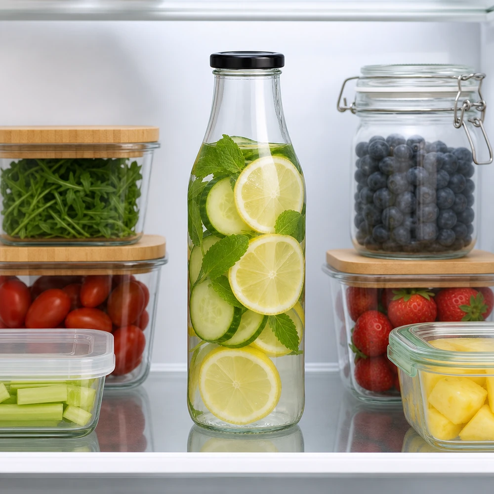 1000ml Glasflasche mit Gurken-Zitronen-Infused-Water im Kühlschrank zwischen frischem Obst und Gemüse