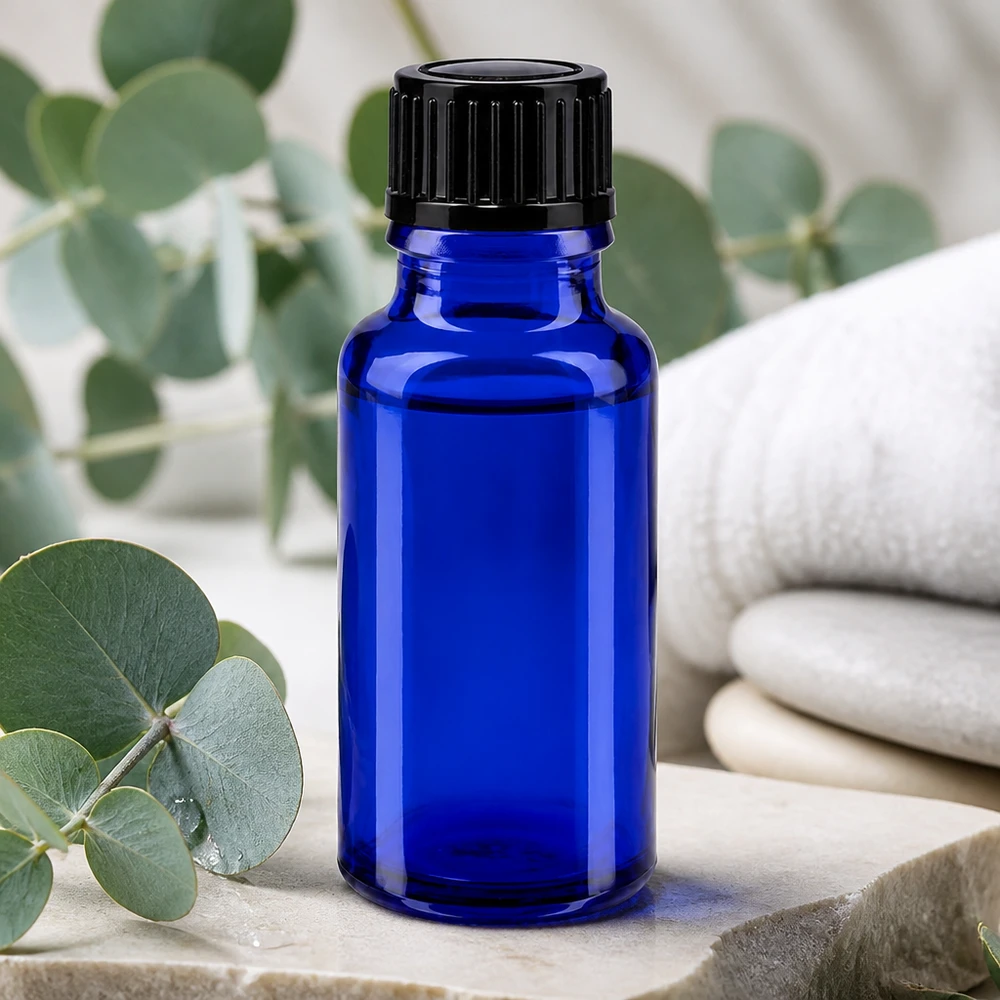 Blaue Apothekerfl 20ml aus hochwertigem Glas mit Originalitätsverschluss schwarz 11mm