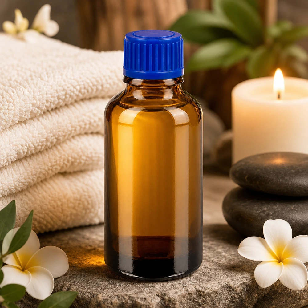 30ml Flasche aus UV-schützendem Braunglas mit ergonomischem blauen Schraubverschluss