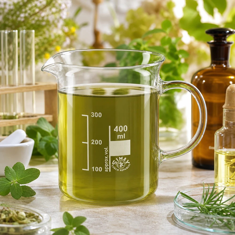 Kádinka z borosilikátového skla o objemu 400 ml, s rukojetí Becherglas mit Henkel 400ml Borosilikatglas ideal für Naturkosmetik Kräuterextraktion Herstellung