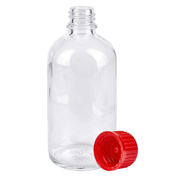 100ml láhev 11mm šroubovací uzávěr červená Standard ClearLine UT18/100 Kleine Klarglasflasche 100ml mit abgenommenem roten Schraubverschluss ClearLine