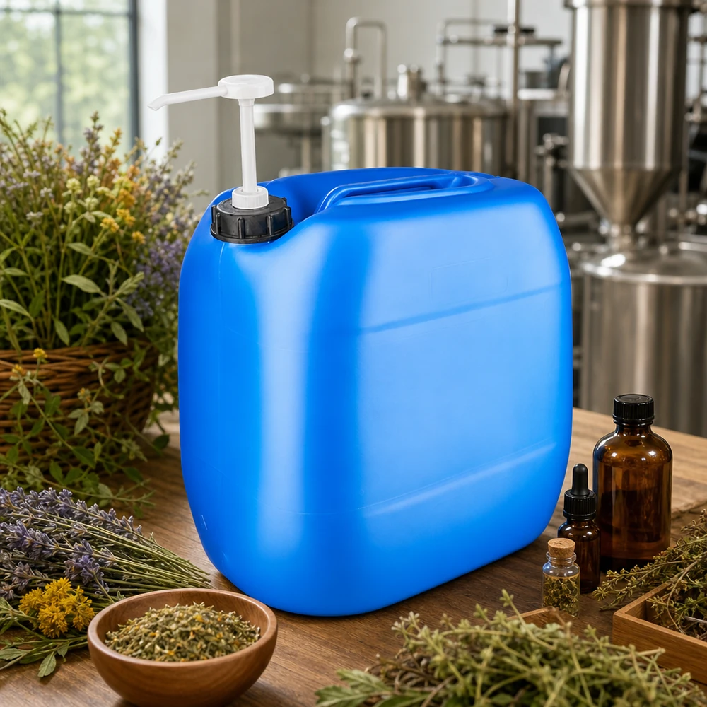 Kanystr 30 litrů modrý s dávkovacím čerpadlem Tragbarer 30 Liter Kanister blau mit Pumpspender neben Bernsteinflaschen und getrockneten Kräutern