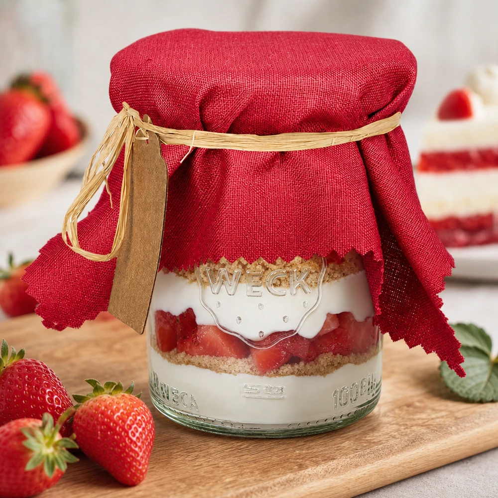 Látkový ubrousek na šperky bordó 15 cm čtvercový Bordeauxrotes 15cm Stoff Schmuckdeckchen auf Schichtkuchen-Glas mit frischen Erdbeeren und Holzbrett-Dekoration