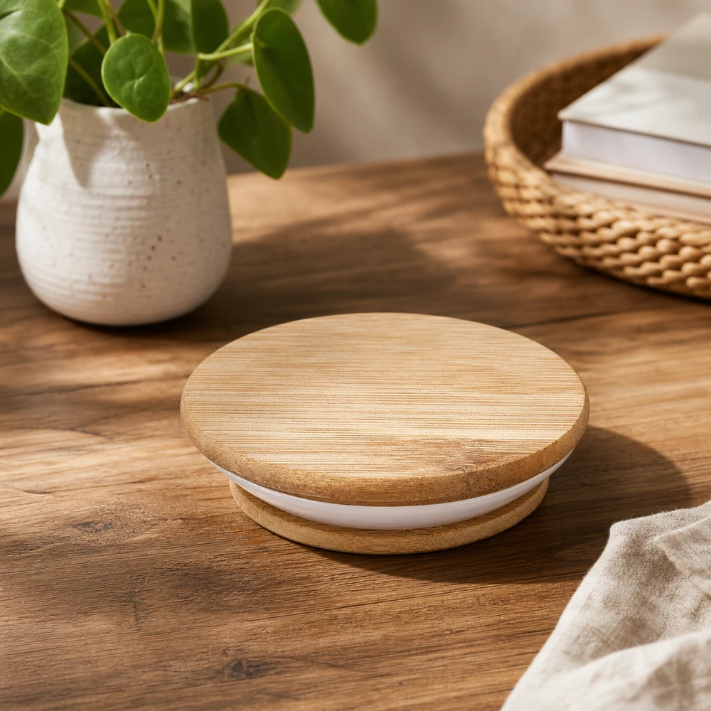 Dřevěné víko (buk) bez potisku pro WECK RR60 Holzdeckel WECK RR60 auf Holztisch in natürlichem Ambiente mit Pflanze und Korb als Lifestyle Produktfotografie