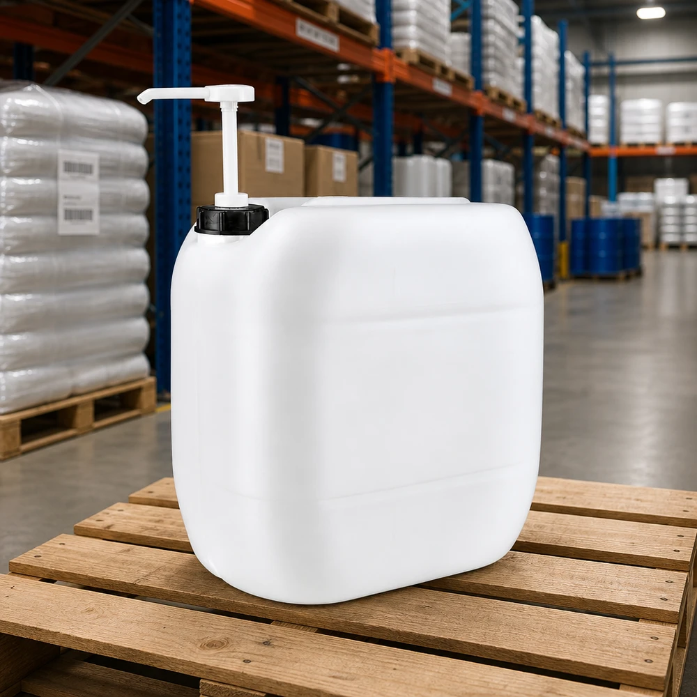 Transportkanister 30 Liter mit Ausgabepumpe und schwarzem Schraubdeckel im Depot