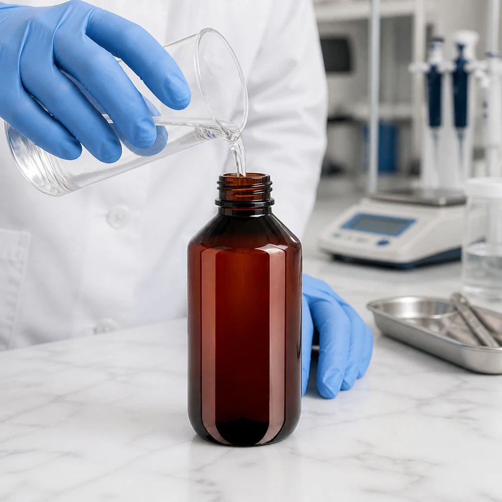 Laborant naplňuje hnědou 200ml PET láhev čirou kapalinou z kádinky