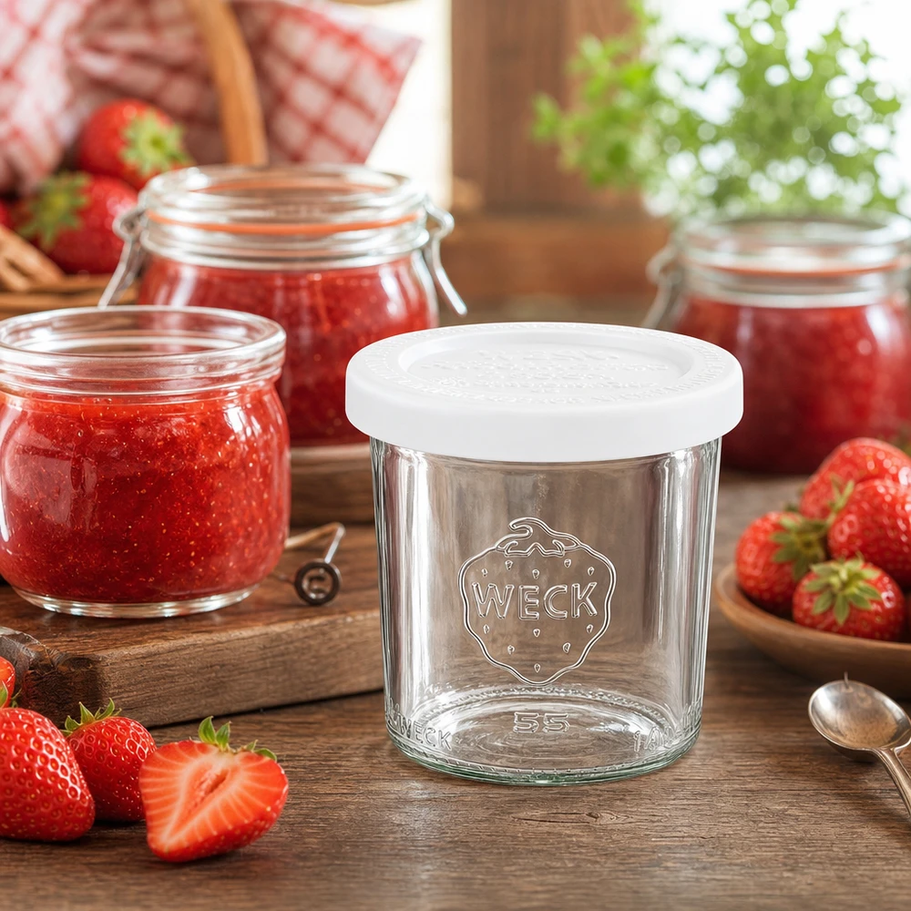 WECK 140ml Einmachglas mit Erdbeeren und Marmelade auf Holztisch - Sturzglas RR60 für Konfitüre und Aufstriche
