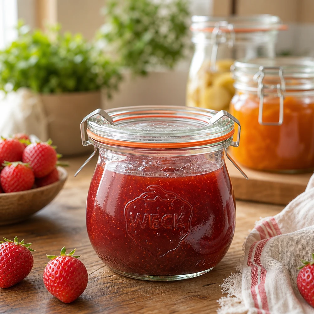 WECK Tulpenglas 75ml mit Erdbeermarmelade befüllt in rustikaler Küchenszene mit frischen Erdbeeren und Marmeladengläsern