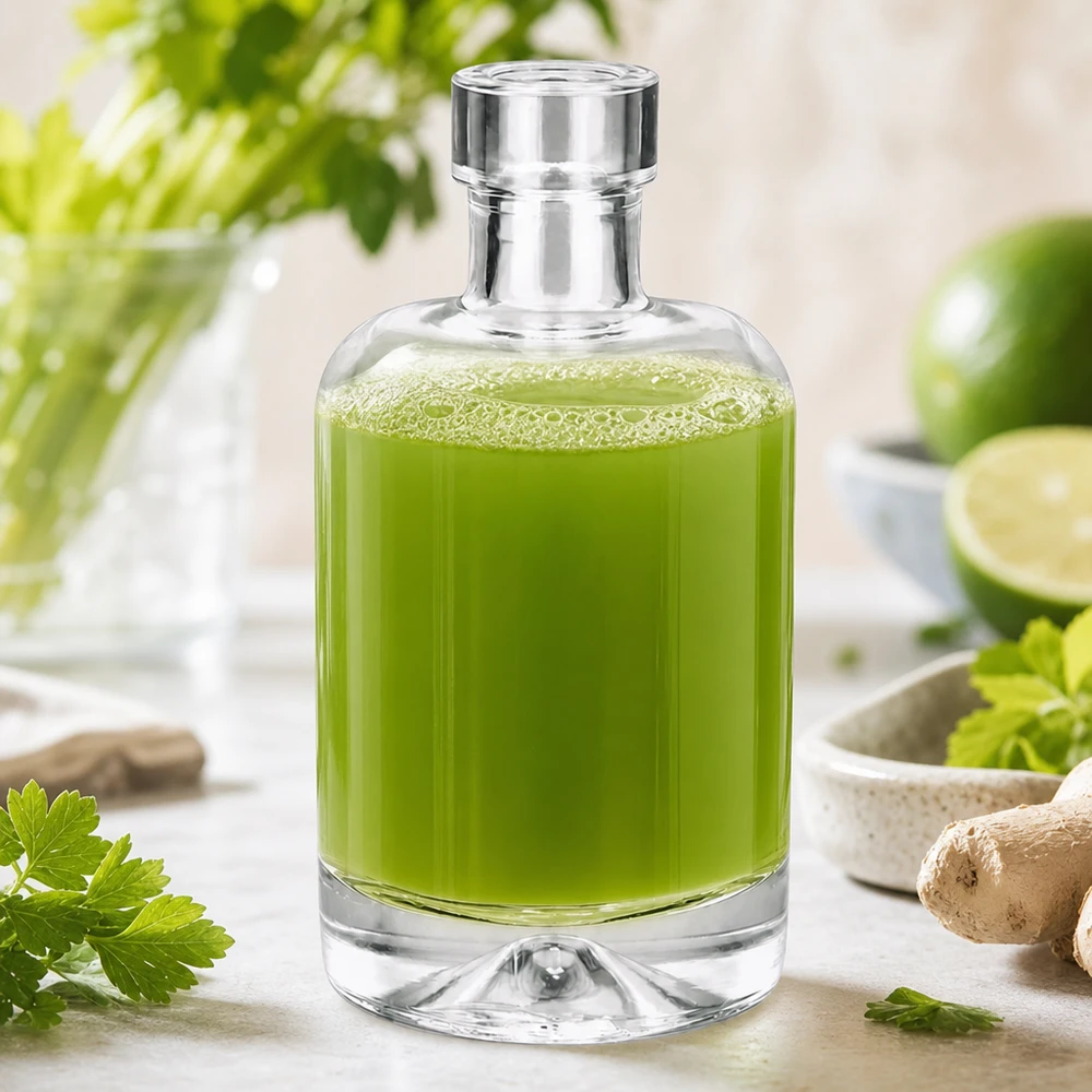 50ml Glasflasche Amelie mit grünem Kräuterextrakt befüllt neben frischen Kräutern und Limette zeigt Naturkosmetik Anwend