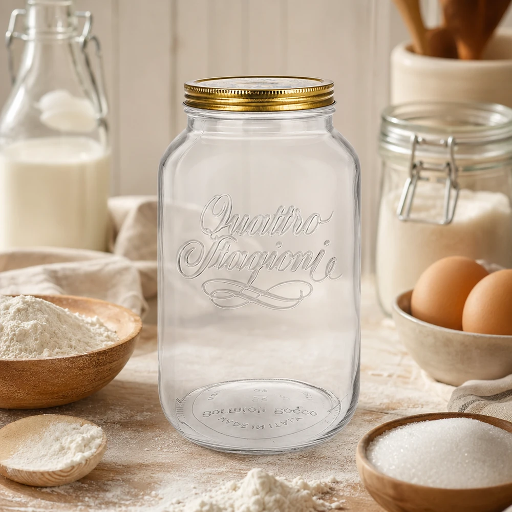 3800ml kulatá sklenice "Quattro Stagioni" s víčkem Quattro Stagioni 3800ml Rundglas in rustikaler Küche umgeben von Backzutaten Mehl Eiern und Milch Vorratsglas