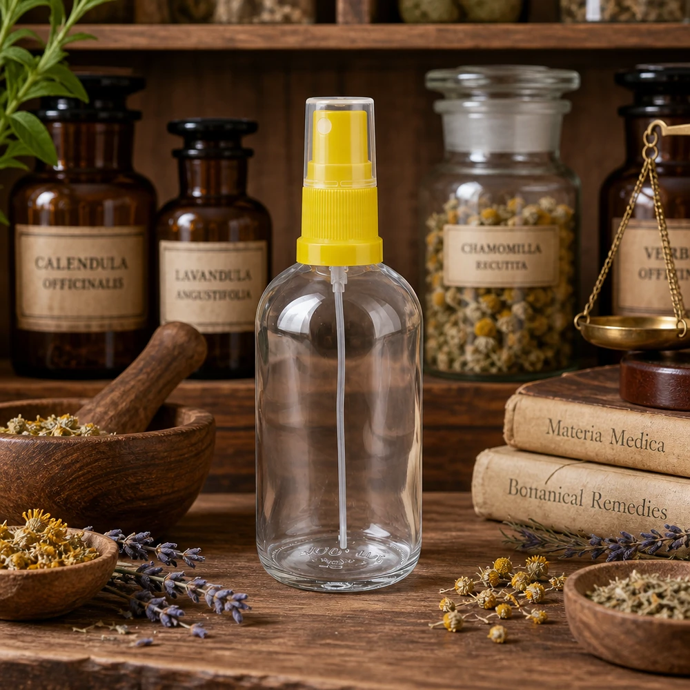 100ml láhev s rozprašovačem žlutá/průhledná standardní uzávěr ClearLine UT18/100 Leere Sprühflasche 100ml gelber Aufsatz befüllbar für Aromatherapie und botanische Anwendungen