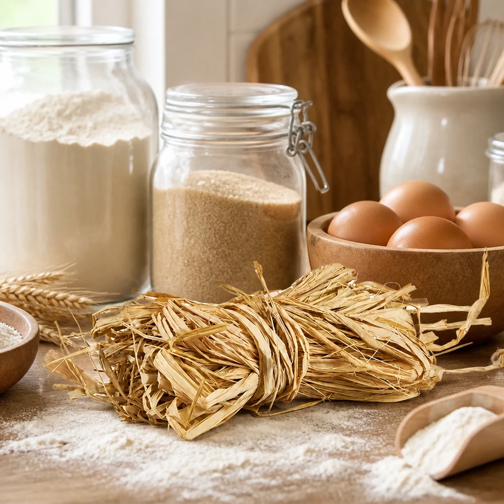 Přírodní rafie na zdobení 30g Naturbast 30g goldbeige als Küchenhelfer für Pasta-Bündel neben Eiern und Mehl zeigt traditionelle Verwendung