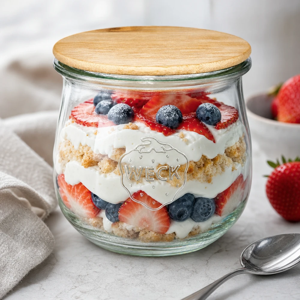 370ml tulipánová sklenice WECK RR80 s dřevěným víčkem WECK Tulpenglas 370ml RR80 mit Holzdeckel als Dessertglas mit Beeren-Trifle und Sahne gefüllt auf weißer Oberfläche