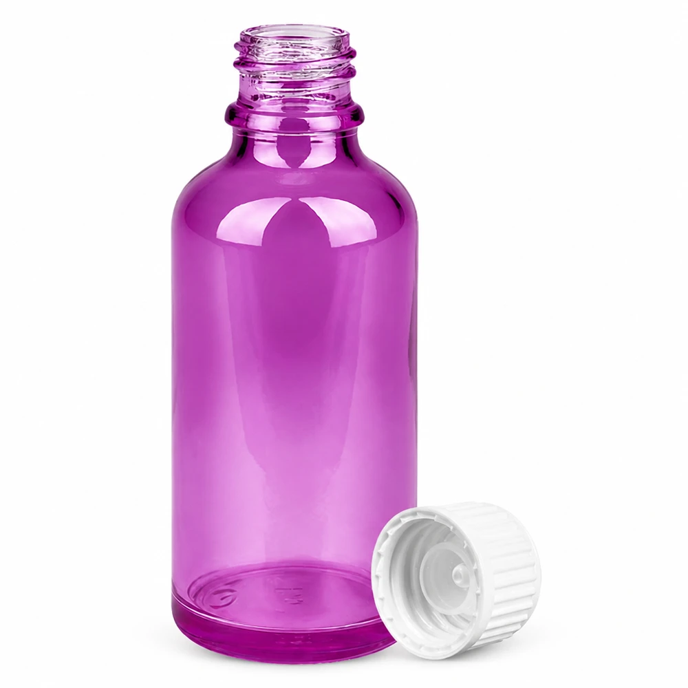 Kompakte violette Glasflasche 50ml Füllmenge mit kindersicherem Verschluss