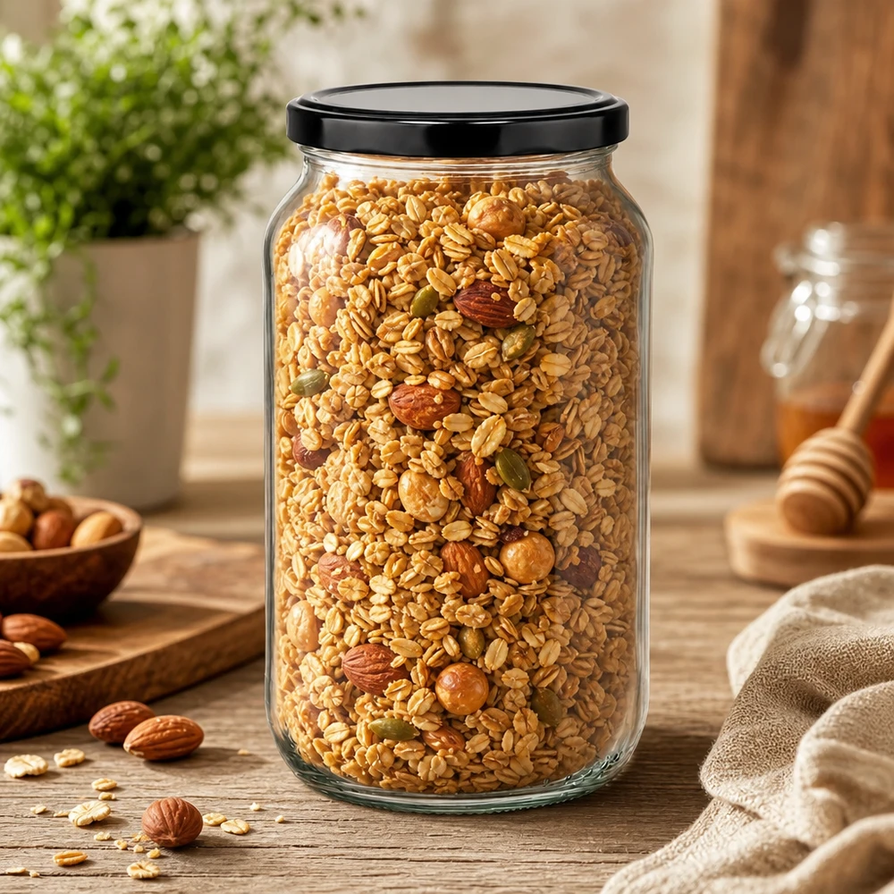 1062ml kulatá sklenice s víčkem BasicSeal černá UNiTWIST 1062ml Rundglas mit Müsli und Nüssen gefüllt - großes Vorratsglas mit schwarzem Deckel für trockene Lebensmittel