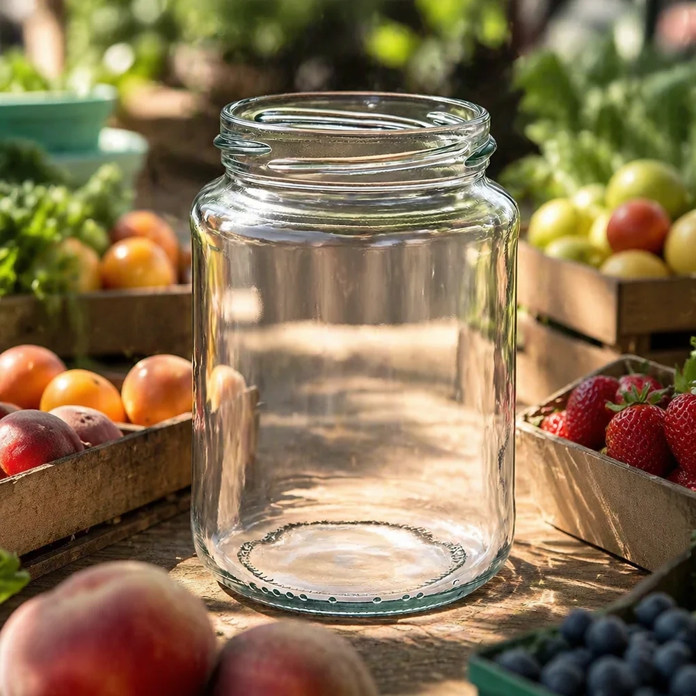 Kulatá sklenice o objemu 382 ml bez víčka (TO66) UNiTWIST Leeres UNiTWIST Runda382 Rundglas 382ml TO66 Einmachglas auf Holztisch mit frischen Früchten und Gemüse im Hintergrund