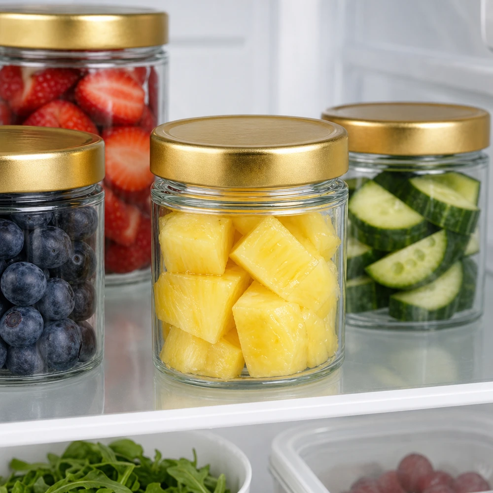 154ml Rundglas BasicSeal gold im Kühlschrank mit Obst Ananas Beeren Gurken frische Lebensmittel Meal Prep Aufbewahrung