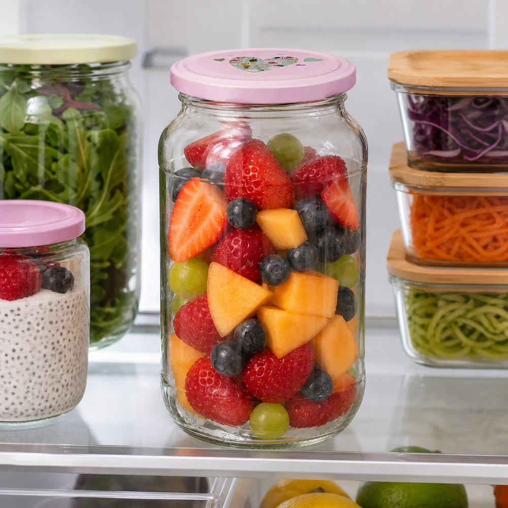 1062ml kulatá sklenice + víčko BasicSeal srdíčková růžová UNiTWIST 1062ml Rundglas BasicSeal rosa Herzdeckel mit buntem Obstsalat im Kühlschrank als Meal Prep Vorratsbehälter