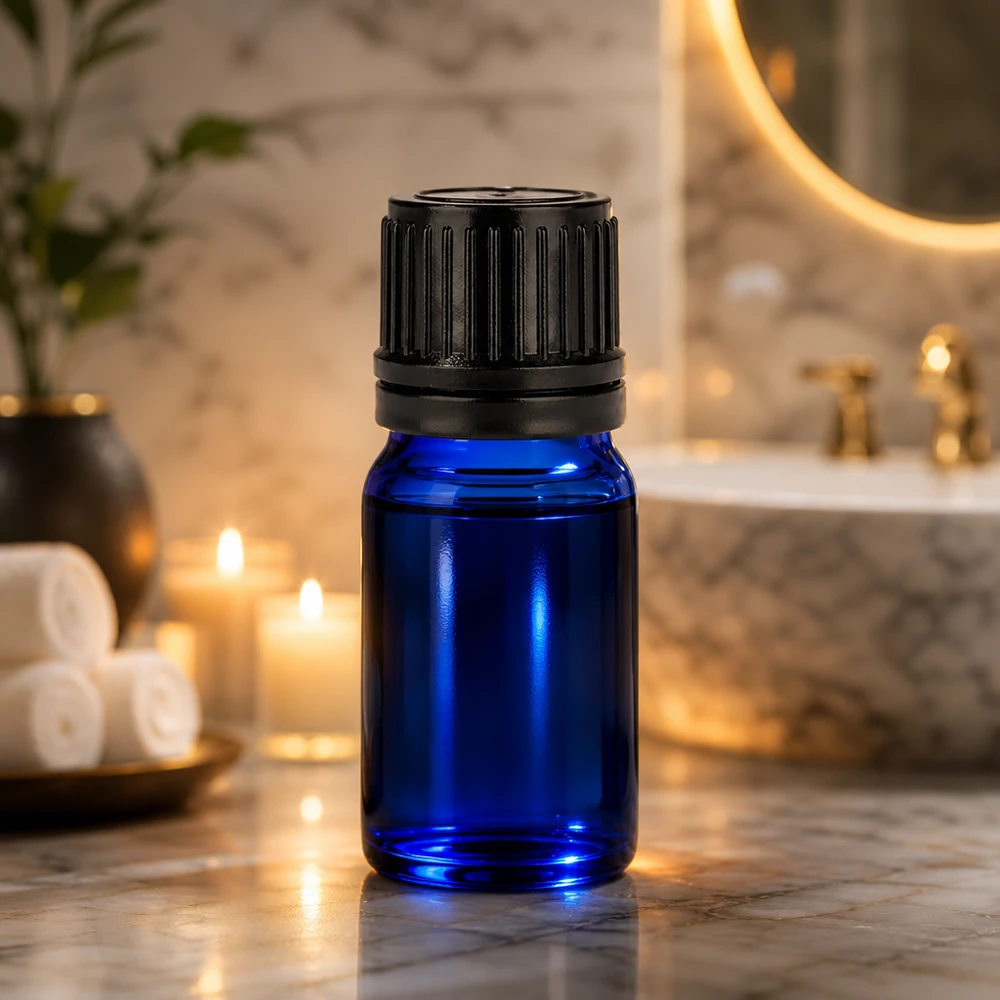 Lahvička 5ml 11mm šroubovací uzávěr černý BlueLine UT18/5 s ochranným uzávěrem proti manipulaci Stilvolle 5ml Flasche für Spa und Wellness Bereich mit edlem blauen Design