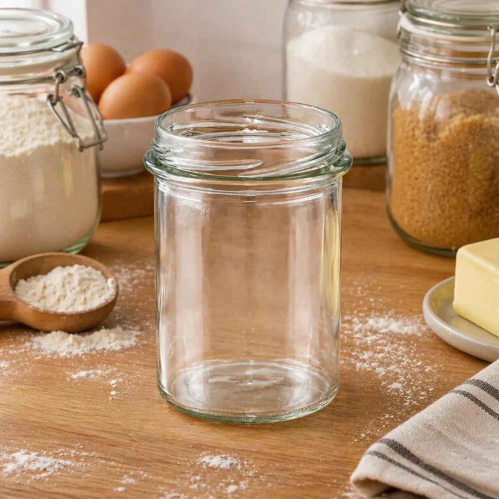 Tumbler 230ml bez víčka (TO66) UNiTWIST UNiTWIST Sturz230 Sturzglas 230ml TO66 leer auf Holztisch zwischen Backzutaten Mehl Eiern und Einmachgläsern
