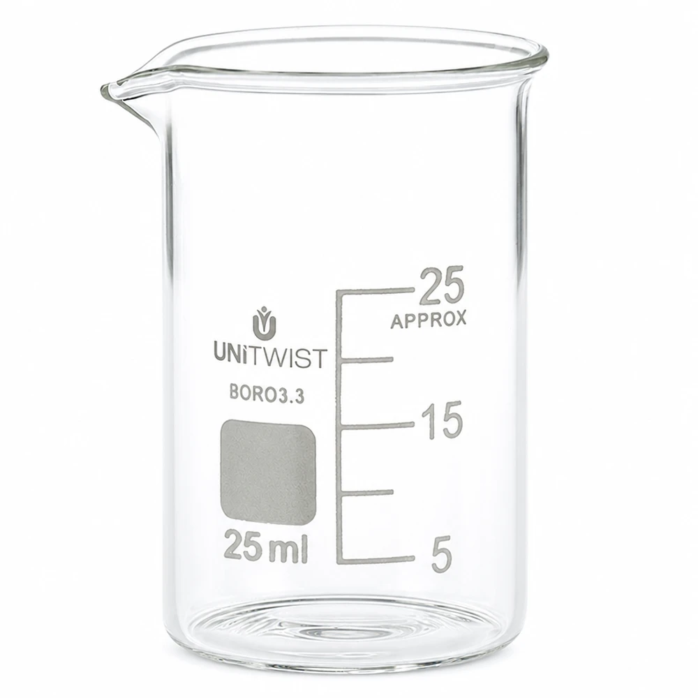 Kádinka 25ml borosilikátová, nízká forma UNiTWIST Becherglas niedrige Form 25ml UNiTWIST mit Schreibfeld und präziser Messskala aus Borosilikat