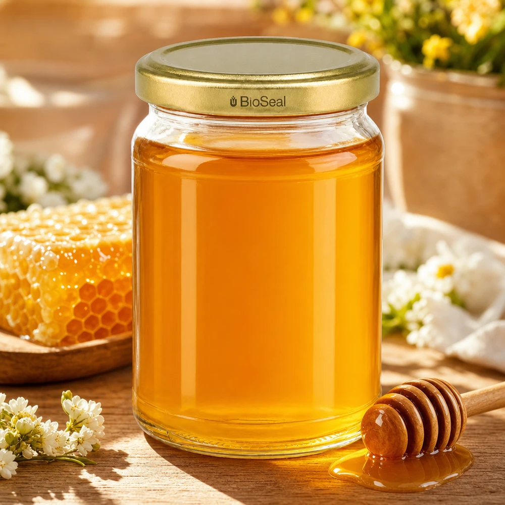 Kulatá dóza o objemu 205 ml se zlatým víkem UNiTWIST BioSeal. UNiTWIST Runda205 Honigglas mit Wabe Honigdipper TO58 BioSeal Golddeckel Blütenhonig natürliche Dekoration