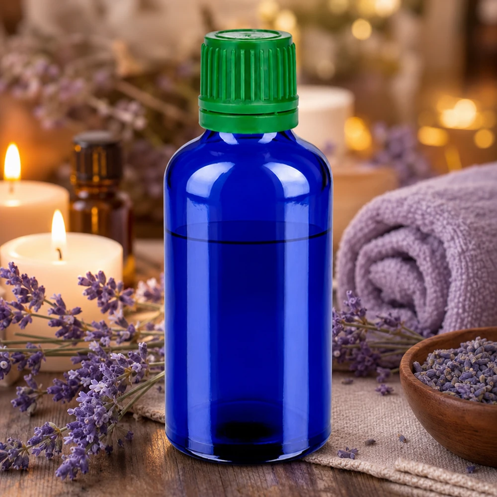 50ml láhev 11mm šroubovací uzávěr zelený uzávěr BlueLine UT18/50 Lichtschutz-Glasflasche 50ml in tiefem Blau mit grünem Schraubverschluss für empfindliche Substanzen