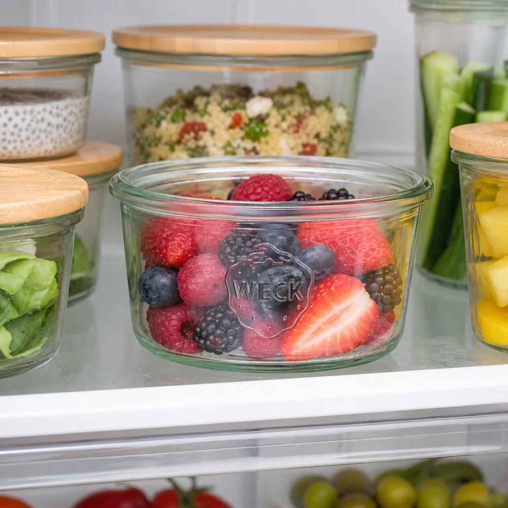 165ml tumble nádoba WECK RR80 se silikonovým silikonem. WECK Sturzglas 165ml RR80 mit gemischten Beeren im Kühlschrank, Meal Prep Glas mit Holzdeckel
