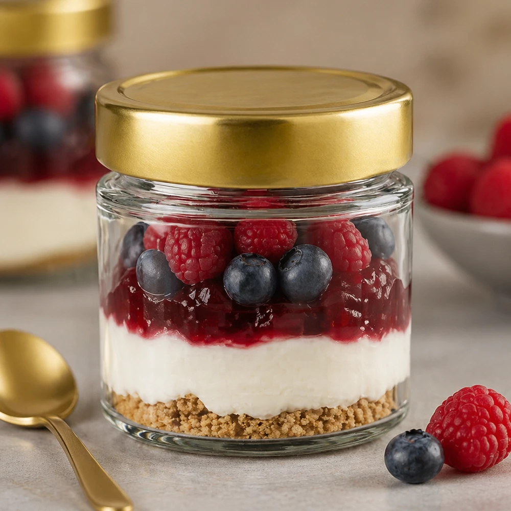 154ml kulatá sklenice s víčkem BasicSeal zlatá hluboká UNiTWIST 154ml Rundglas BasicSeal gold gefüllt mit Dessert Joghurt Beeren Blaubeeren Himbeeren Crumble Schichtdessert