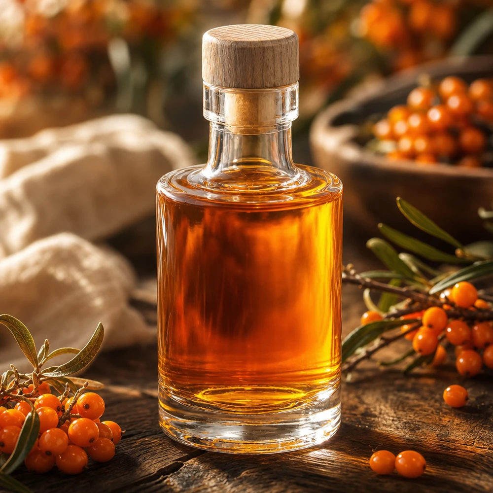 100ml Glasflasche "Marie" mit Holzgriff-Korken UNiTWIST 100ml Glasflasche Marie mit Holzkorken gefüllt mit bernsteinfarbener Flüssigkeit dekoriert mit Sanddornbeeren natürliche