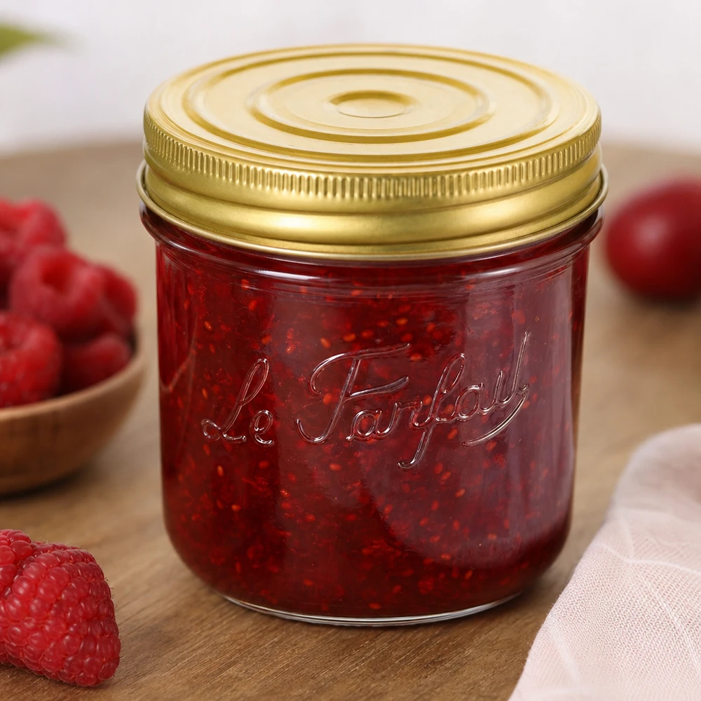 415ml Sturzglas "Familia Wiss" 2-teiliges Deckelsystem Le Pa 415ml Sturzglas Familia Wiss mit goldenem Deckel gefüllt mit roter Marmelade neben frischen Erdbeeren auf Holztisch