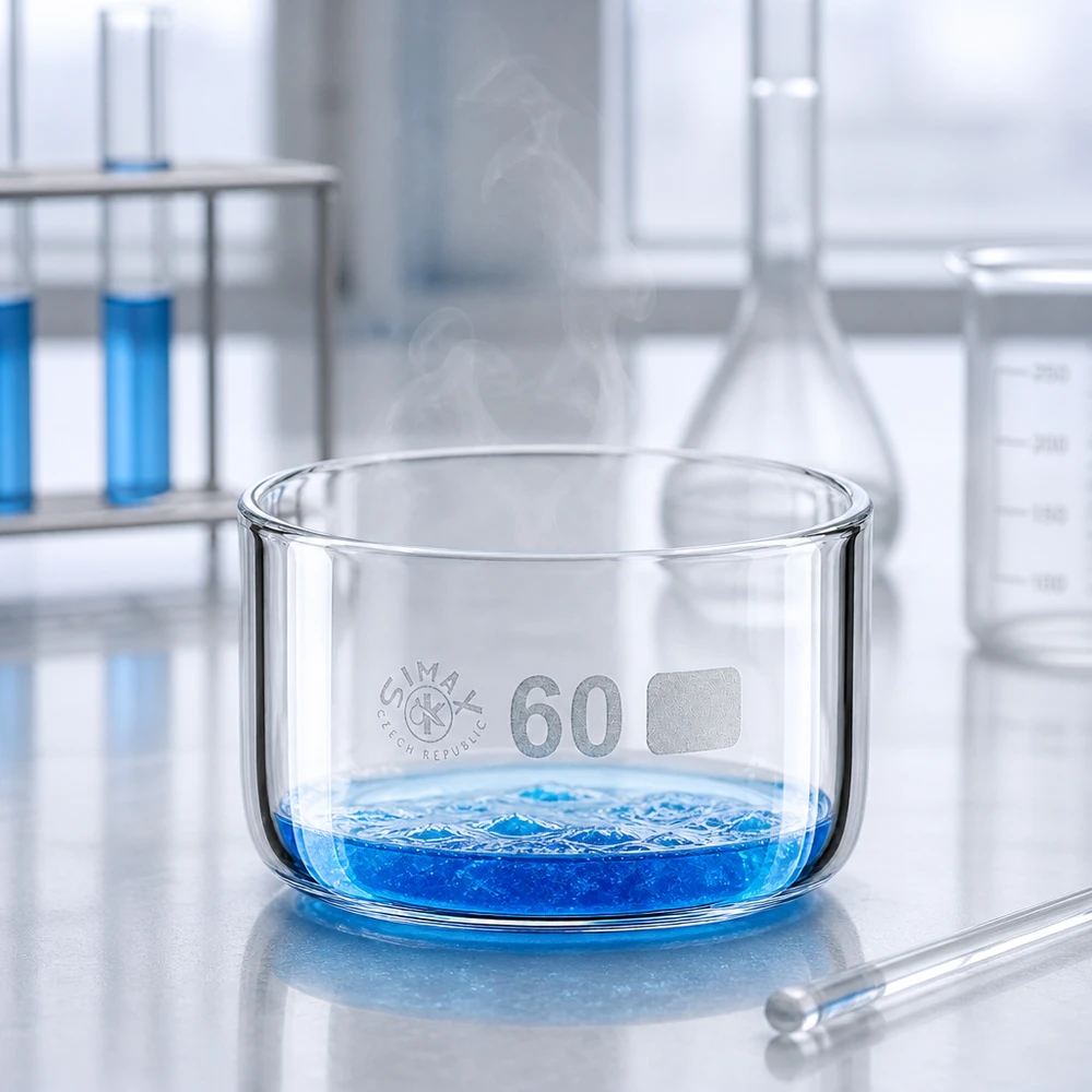 60ml krystalizační miska bez výlevky borosilikátová ø60mm Kristallisierschale ø60mm aus klarem Borosilikatglas mit siedender blauer Lösung