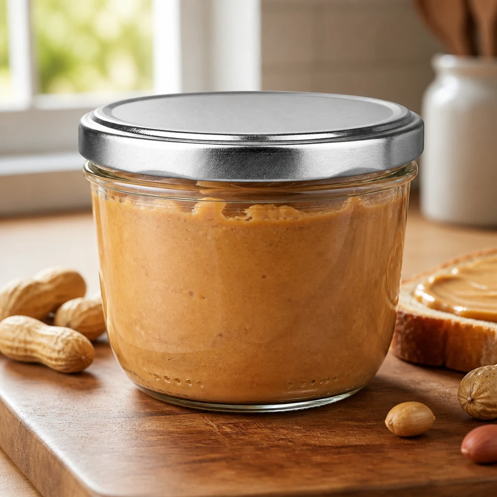 230ml Sturzglas mit silbernem BasicSeal Deckel gefüllt mit Erdnussbutter umgeben von Nüssen auf Holzbrett