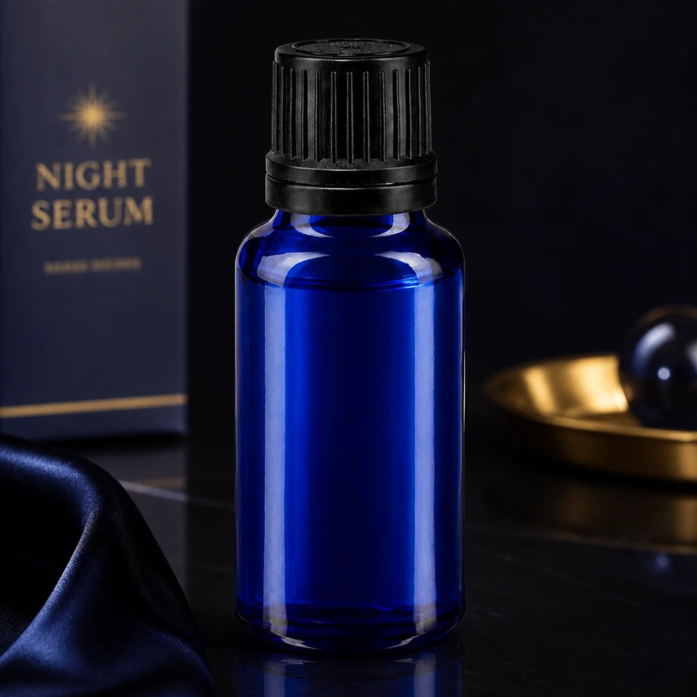 Lékárenská lahvička modrá 20ml kapací uzávěr nalévací kroužek 1mm černý tamper-evidentní uzávěr. 20ml Tropfflasche Apothekenglas blau mit 1mm Einsatz für präzise Dosierung von Ölen