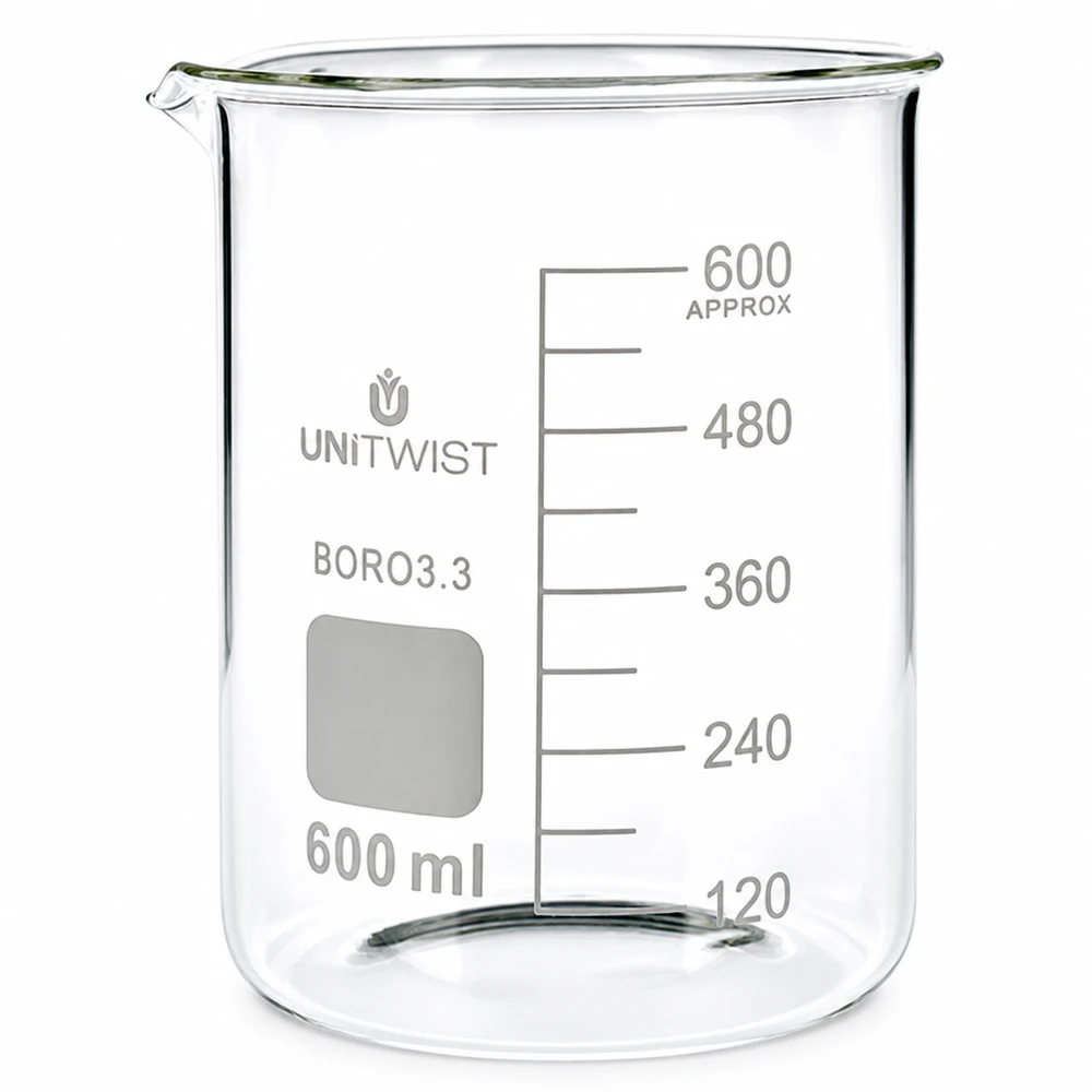 Kádinka 600 ml borosilikátová, nízká forma UNiTWIST UNiTWIST 600ml Becherglas Borosilikat niedrige Form mit Ausguss und Messskala