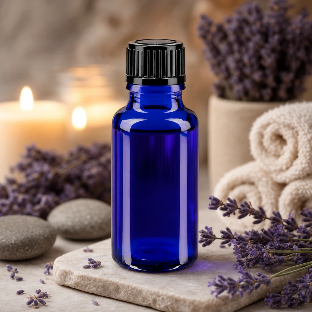 Lékárenská lahvička modrá 20ml kapací uzávěr standardní černý 1mm Hochwertige kobaltblaue 20ml Flasche ApoGlas mit schwarzem Tropfaufsatz für Naturprodukte