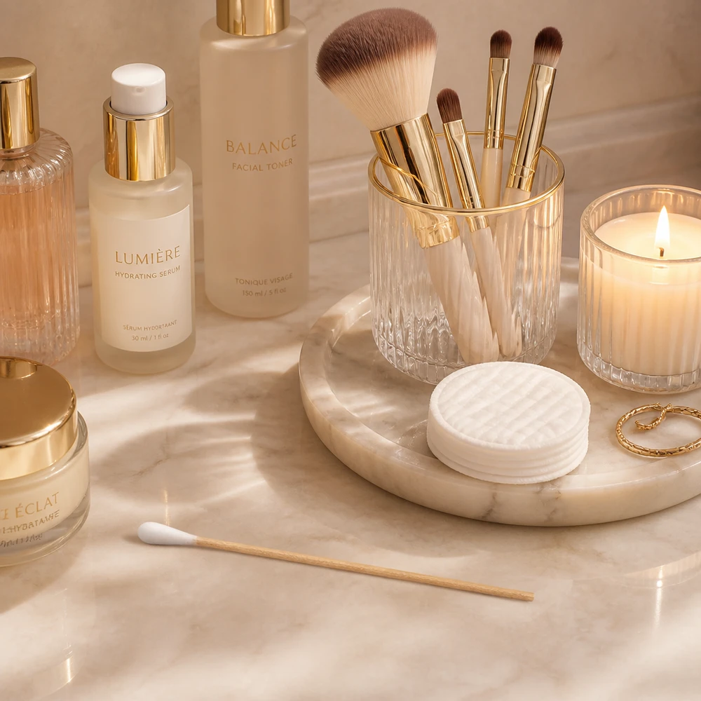 Wattestäbchen unsteril mit weißem Wattekopf und Bambusstiel im Beauty-Routine-Stillleben