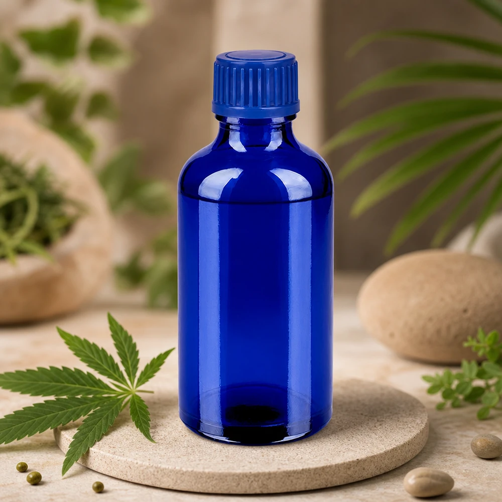 Kompakte BlueLine Glasflasche 50ml mit ergonomischem Design und auslaufsicherem Verschluss