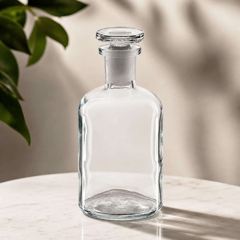 Láhev s kulatým ramenem 100ml čirá skleněná zátka s úzkým hrdlem Hochwertige Glasflasche 100ml Enghals mit flachem Glasstopfen Rundschulterdesign klar