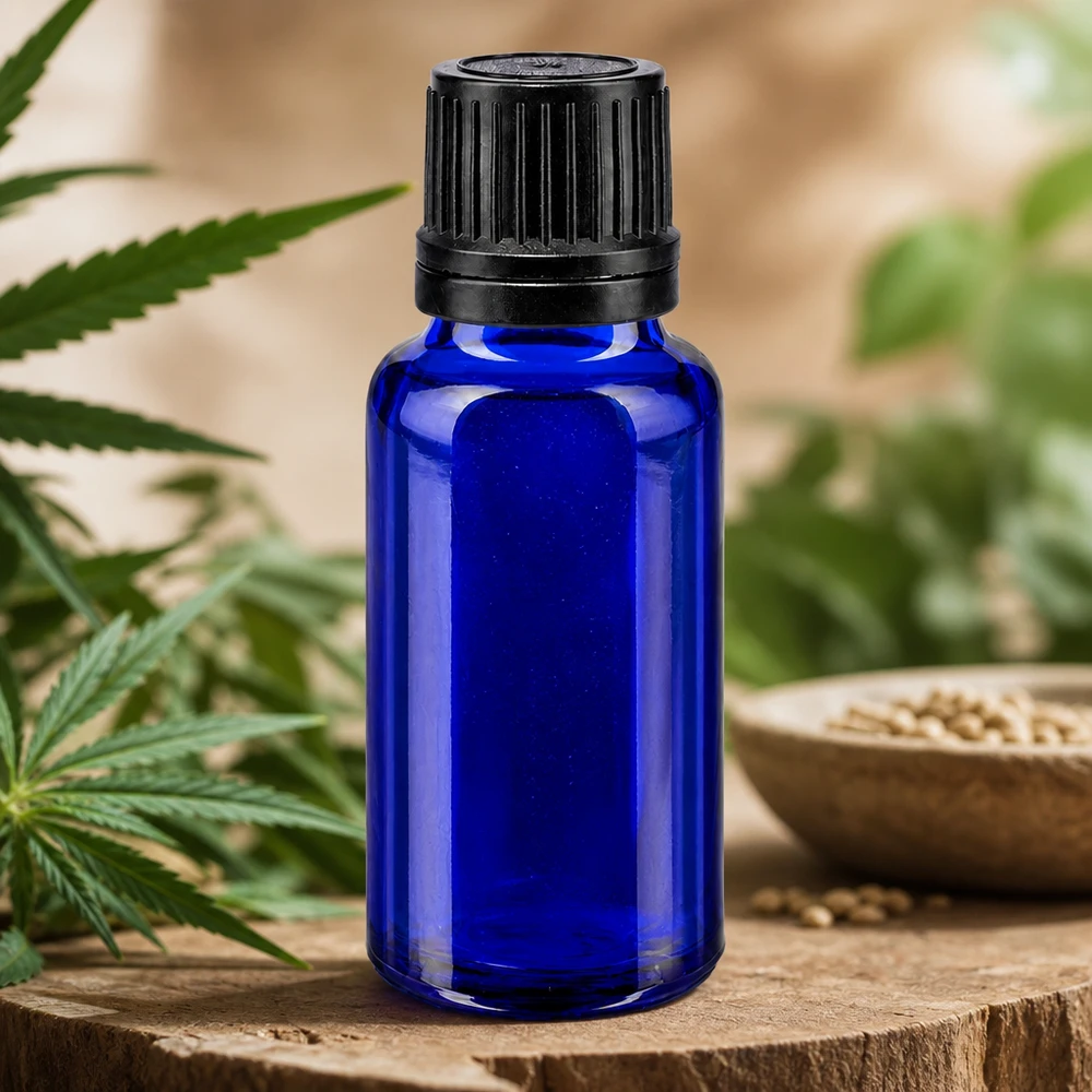 Lékárenská lahvička modrá 20ml kapací uzávěr nalévací kroužek 1mm černý tamper-evidentní uzávěr. 20ml ApoGlas Flasche in Blau mit schwarzem Schraubverschluss für lichtempfindliche Naturprodukte