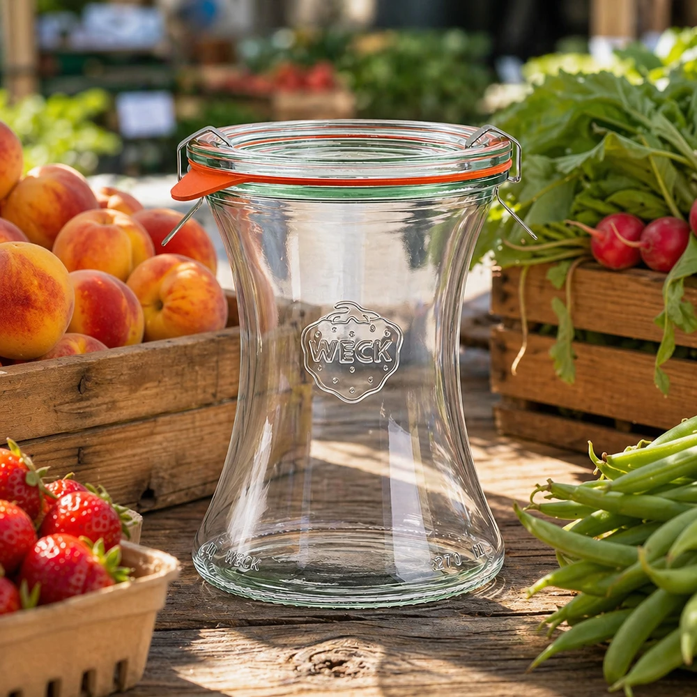 370ml lahůdková sklenice kompletní WECK RR80 WECK Delikatessenglas 370ml RR80 auf Holztisch mit frischem Obst Gemüse Marktstand Atmosphäre natürliche Präsentation