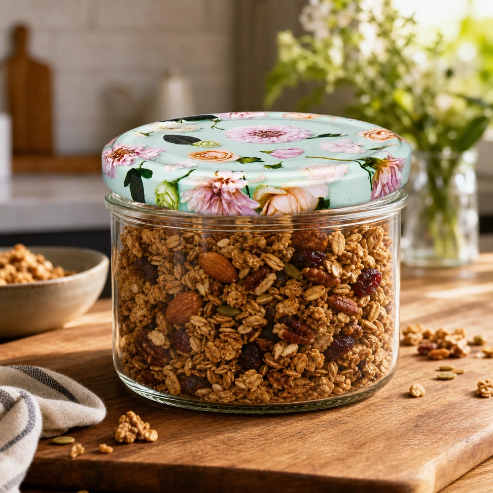 230ml válcová sklenice + víčko BasicSeal flower mint Müsli im 230ml Zylinderglas mit BasicSeal Deckel Blume mint auf Holzbrett - Vorratsglas für Küchendeko